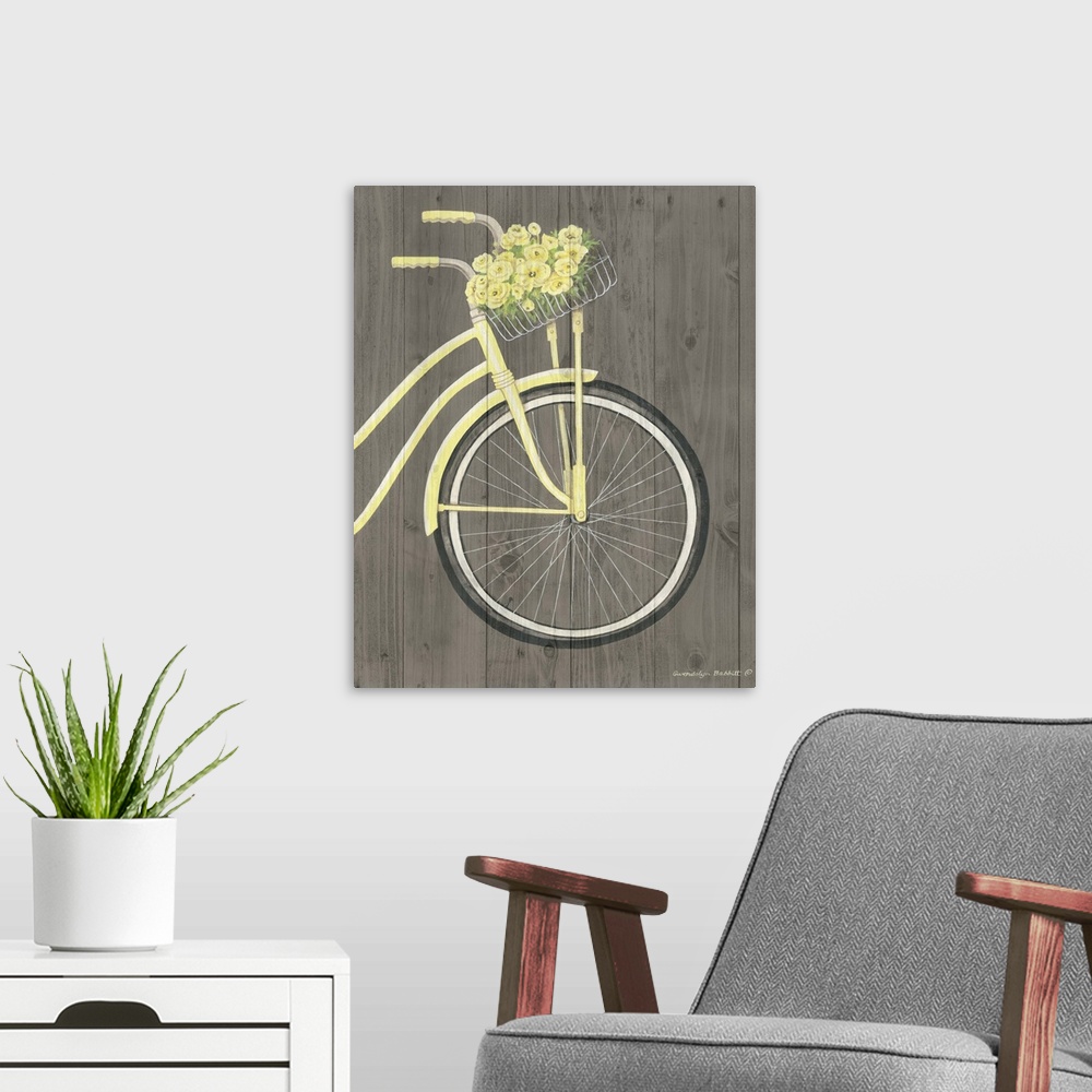 A modern room featuring Painting of the front of a pale yellow beach cruiser with a basket filled with yellow flowers on ...
