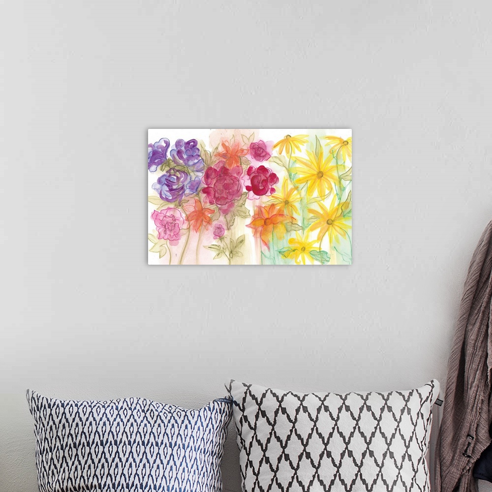 A bohemian room featuring Watercolor painting of a garden of brightly colored flowers in rainbow colors.