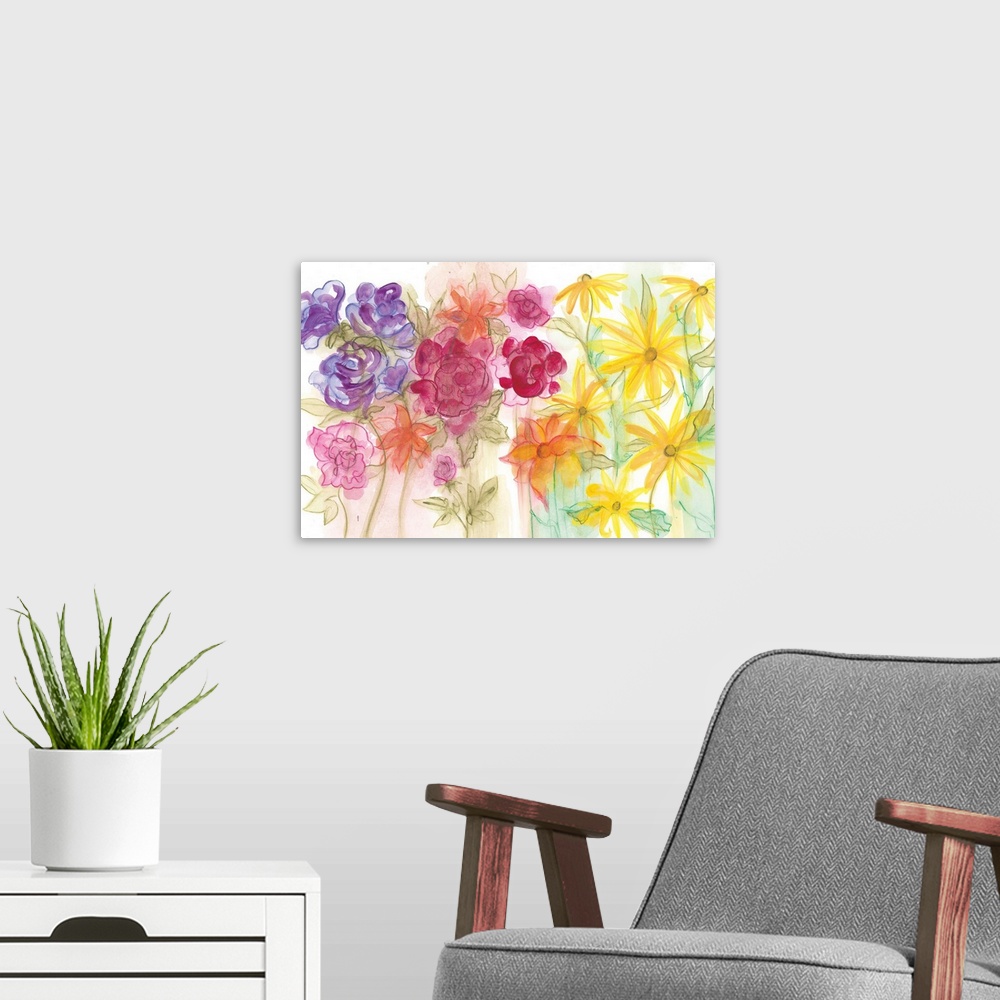 A modern room featuring Watercolor painting of a garden of brightly colored flowers in rainbow colors.