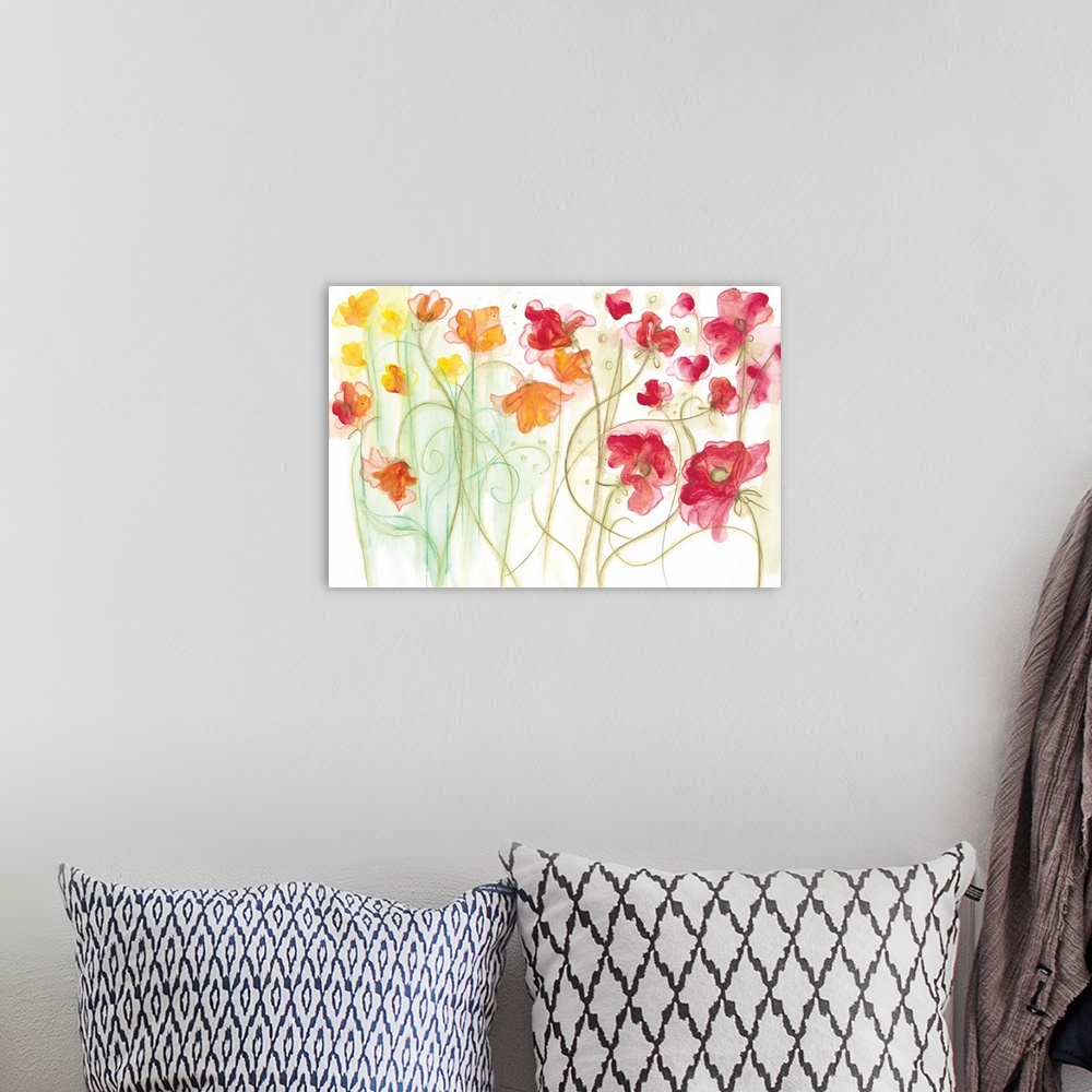 A bohemian room featuring Watercolor painting of a garden of brightly colored flowers with spiraling stems.