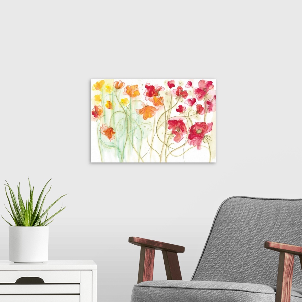A modern room featuring Watercolor painting of a garden of brightly colored flowers with spiraling stems.