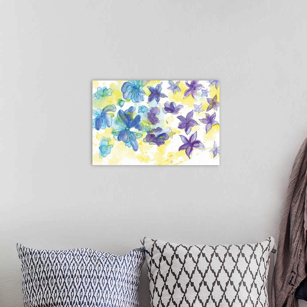 A bohemian room featuring Watercolor painting of a garden of brightly colored blue and purple flowers.
