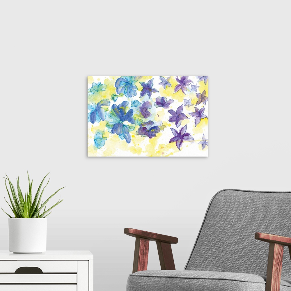 A modern room featuring Watercolor painting of a garden of brightly colored blue and purple flowers.