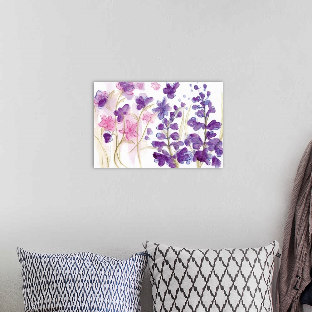 A bohemian room featuring Watercolor painting of a garden of brightly colored purple flowers.