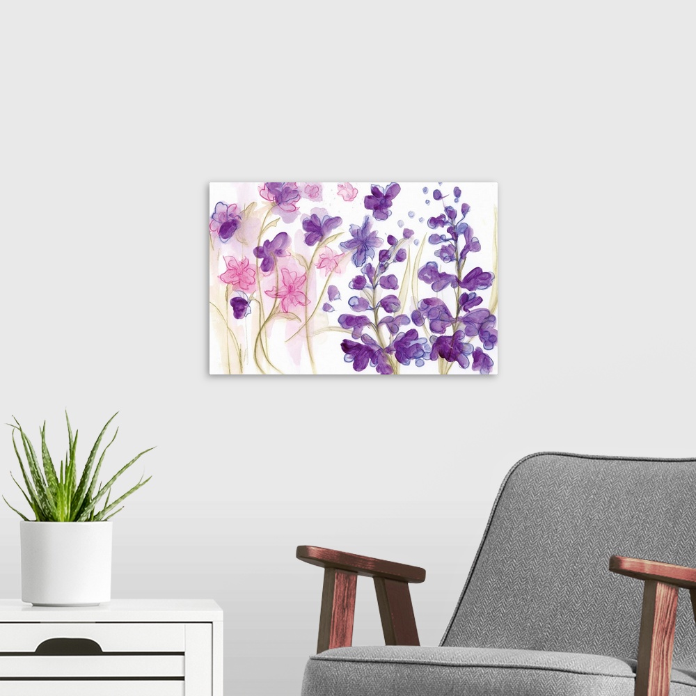 A modern room featuring Watercolor painting of a garden of brightly colored purple flowers.