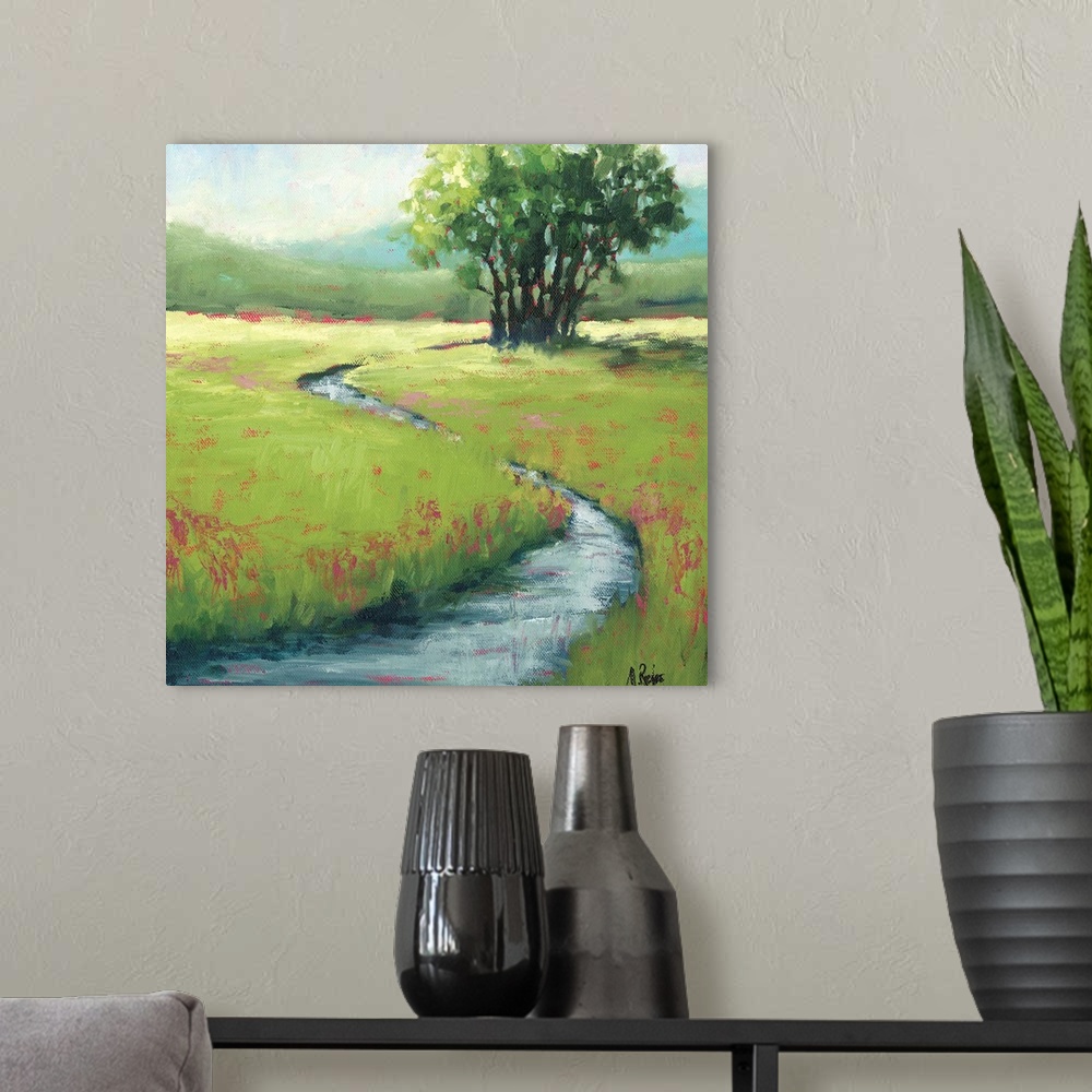 A modern room featuring Contemporary painting of a stream running through a rural meadow.