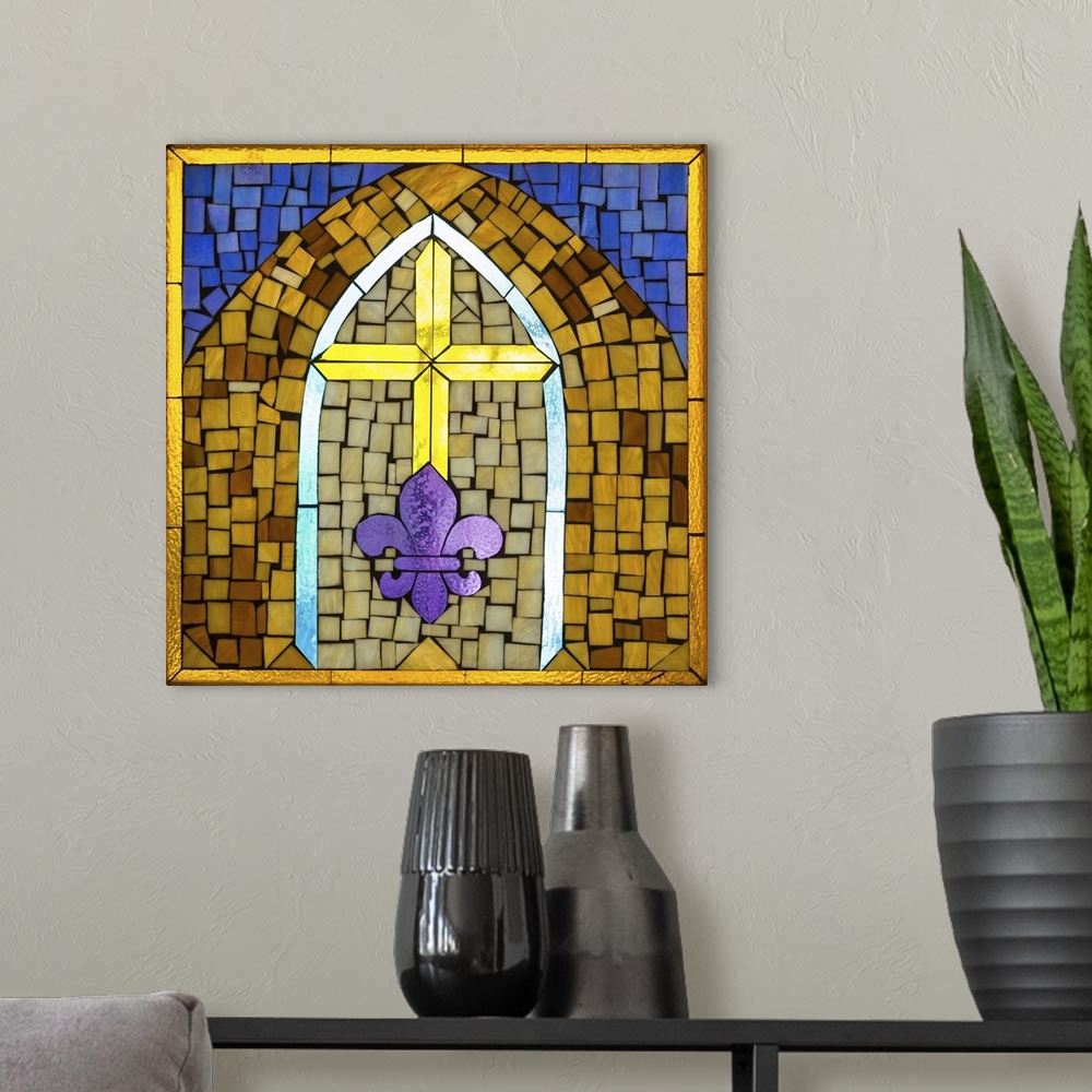 A modern room featuring Artwork done in a stained-glass style depicting a cross and fleur-de-lis, symbols of Christianity.