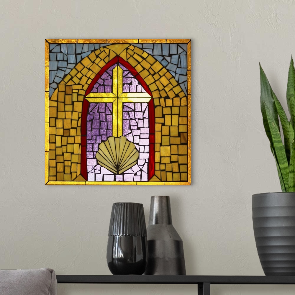 A modern room featuring Artwork done in a stained-glass style depicting a cross and shell, symbols of Christianity.