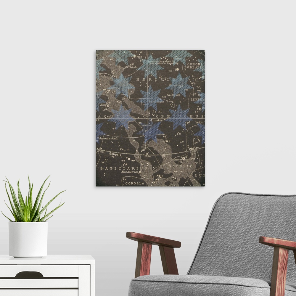 A modern room featuring Mixed media artwork with a star map and geometric painted shapes.