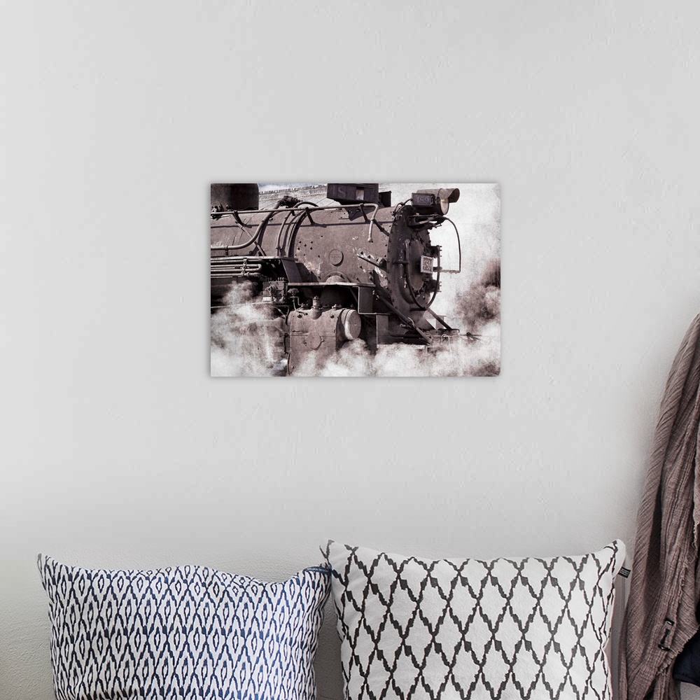 A bohemian room featuring Photograph of details from an old steam locomotive.