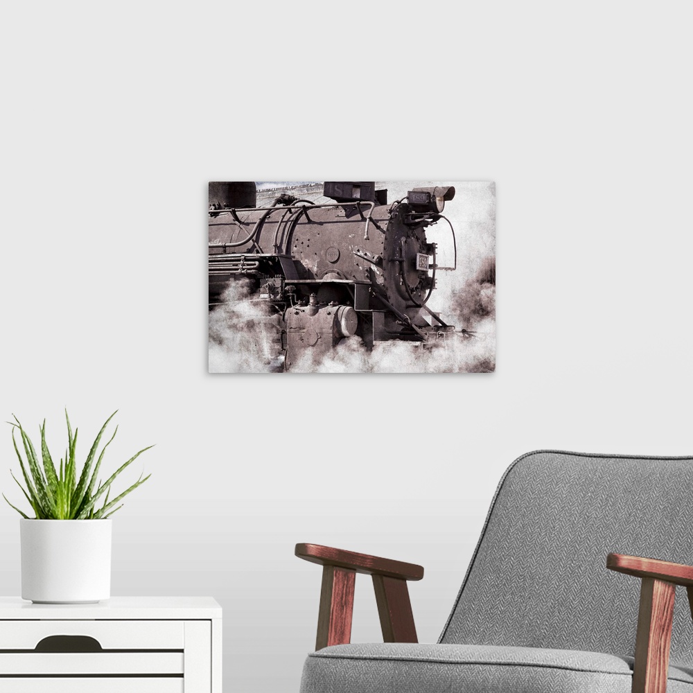 A modern room featuring Photograph of details from an old steam locomotive.