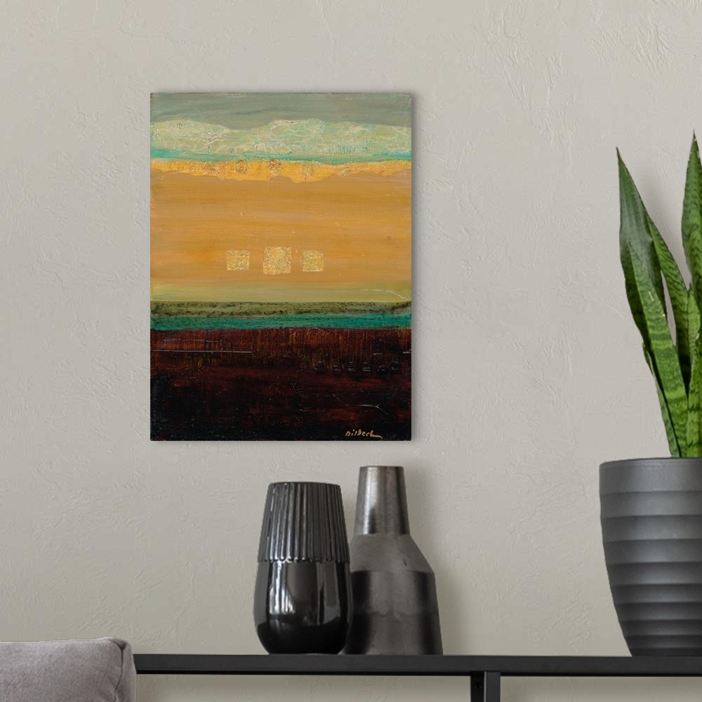 A modern room featuring Large abstract art with gray, orange, teal, and brown hues created with mixed media.