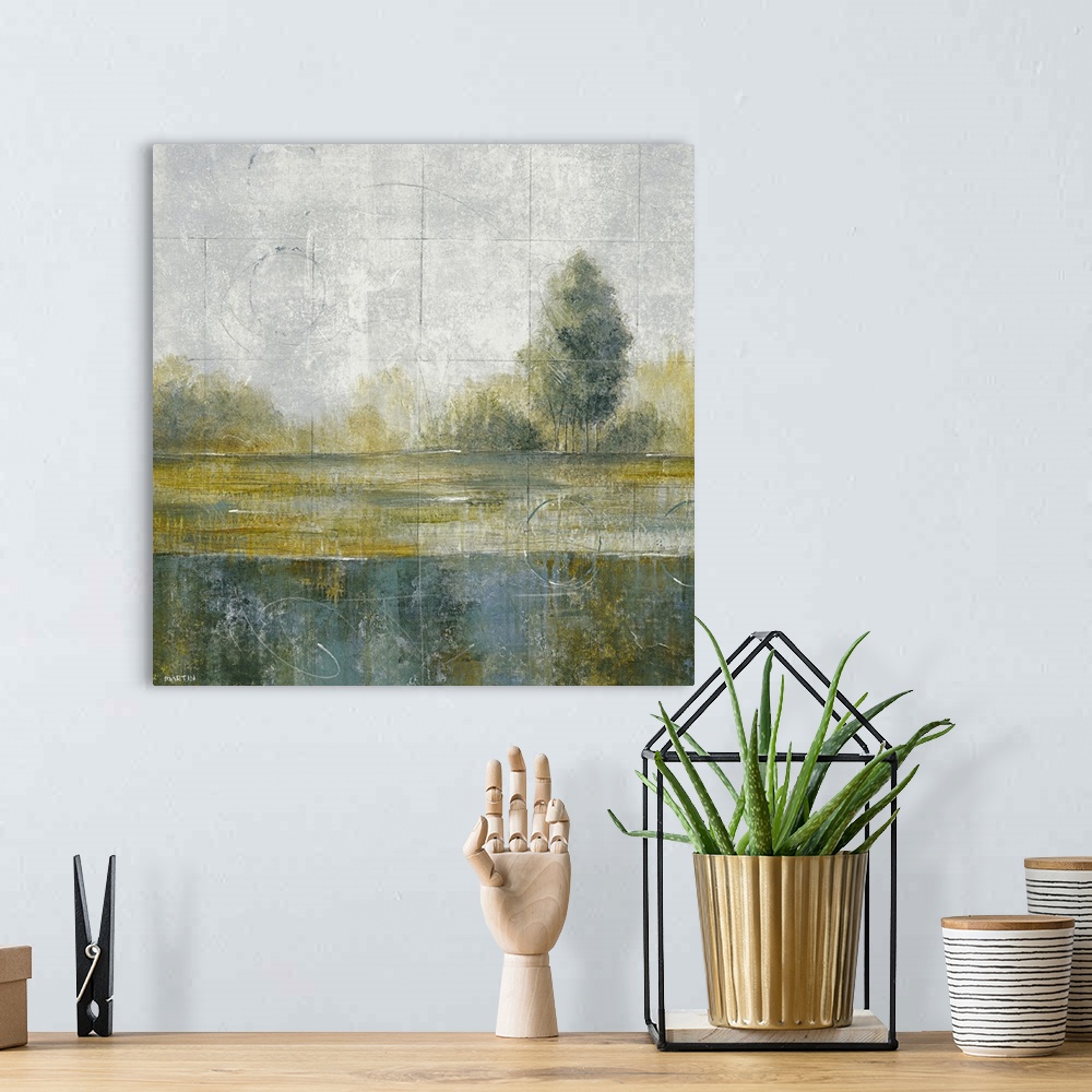 A bohemian room featuring Contemporary artwork of trees and bushes sitting just atop a body of water. Swirls and lines are ...