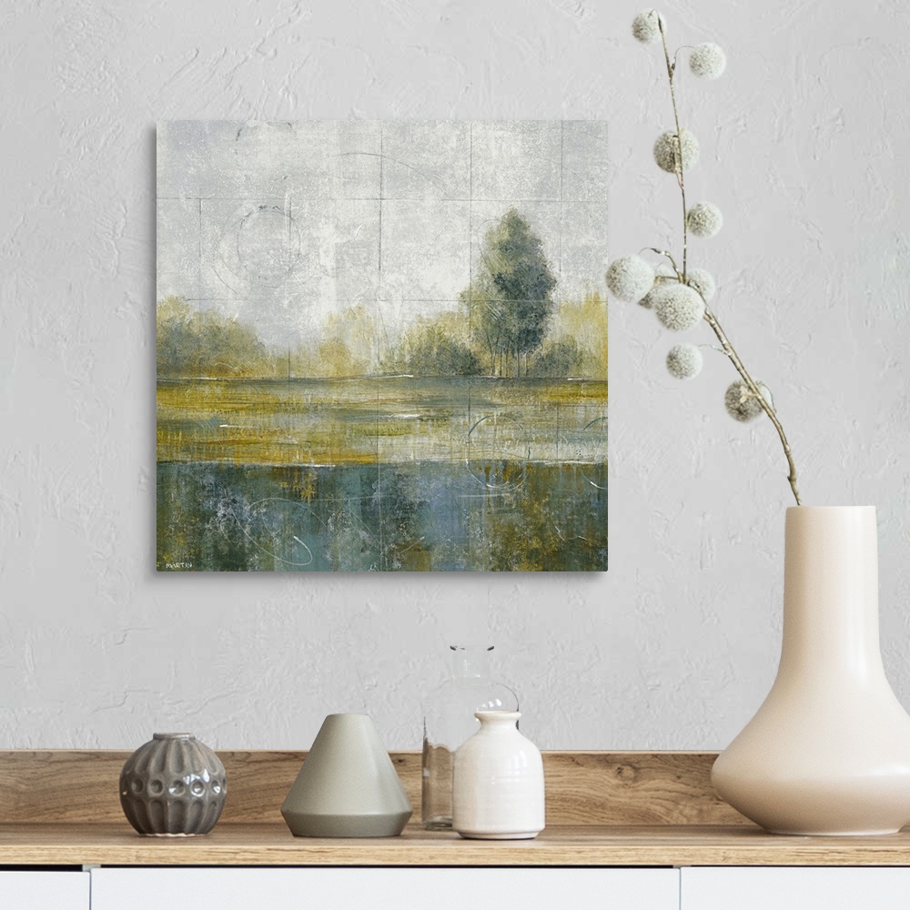 A farmhouse room featuring Contemporary artwork of trees and bushes sitting just atop a body of water. Swirls and lines are ...