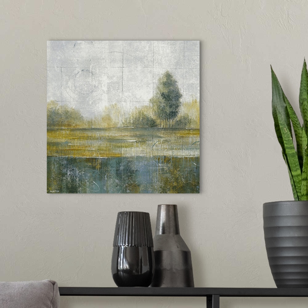 A modern room featuring Contemporary artwork of trees and bushes sitting just atop a body of water. Swirls and lines are ...