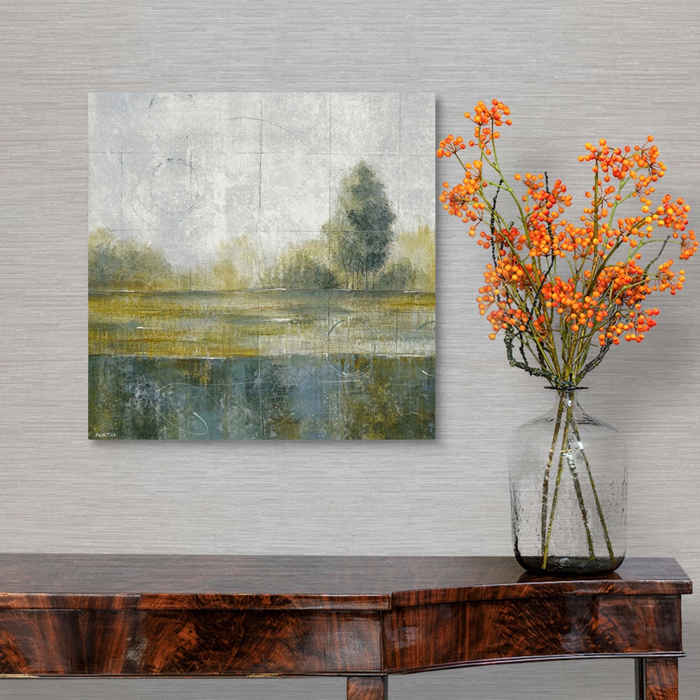 A traditional room featuring Contemporary artwork of trees and bushes sitting just atop a body of water. Swirls and lines are ...