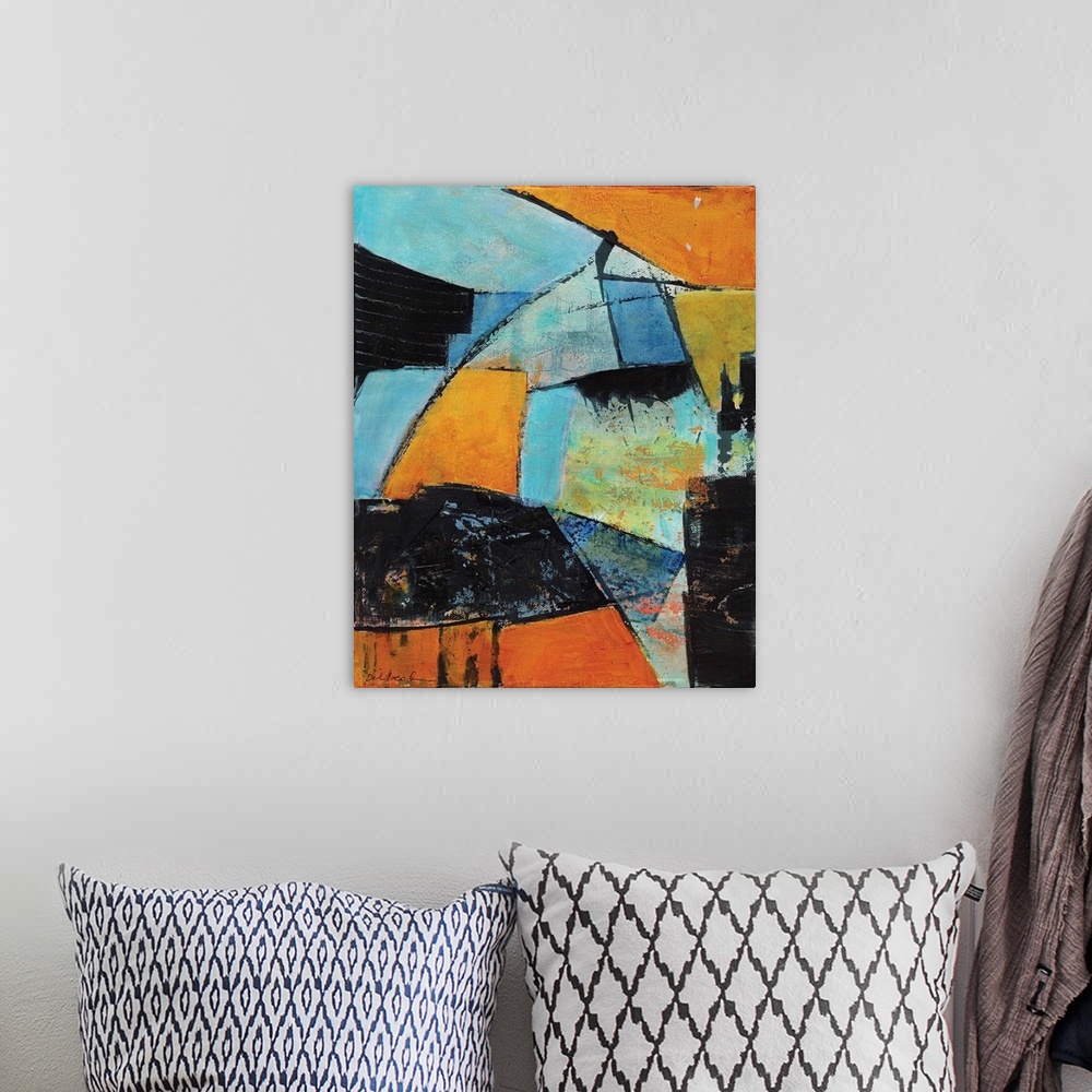 A bohemian room featuring Abstract painting of complied random shapes in shades of blue, orange, and black fitting perfectl...