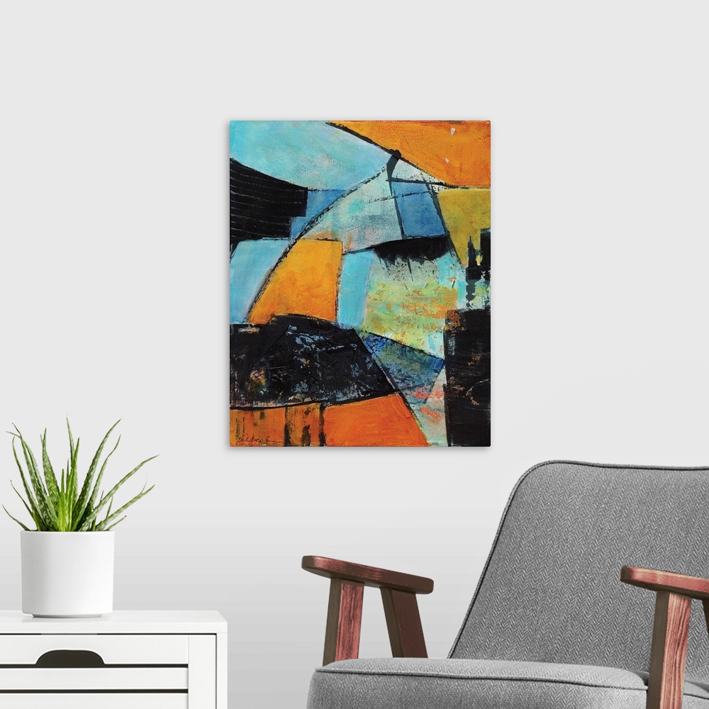 A modern room featuring Abstract painting of complied random shapes in shades of blue, orange, and black fitting perfectl...