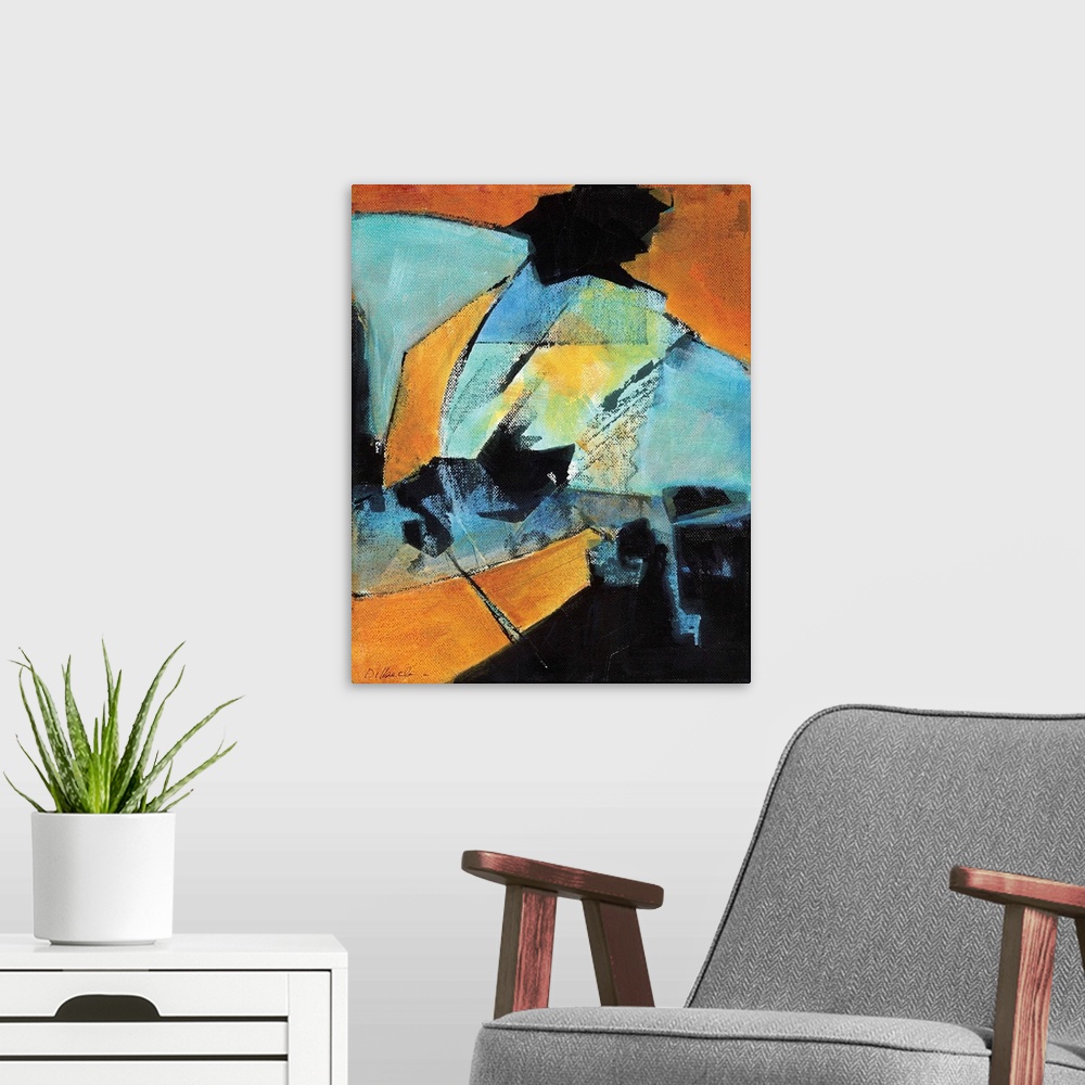 A modern room featuring Abstract painting of complied random shapes in shades of blue, orange, and black