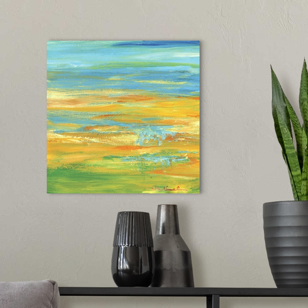 A modern room featuring Square abstract painting in shades of orange, yellow, green, and blue resembling a Summer landscape.