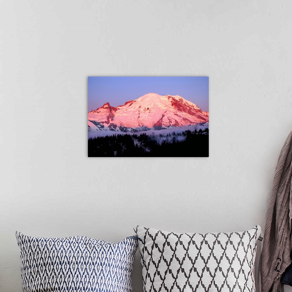 A bohemian room featuring Photograph of Mount Rainier at sunrise with the pink sky reflecting onto the snowy peaks.
