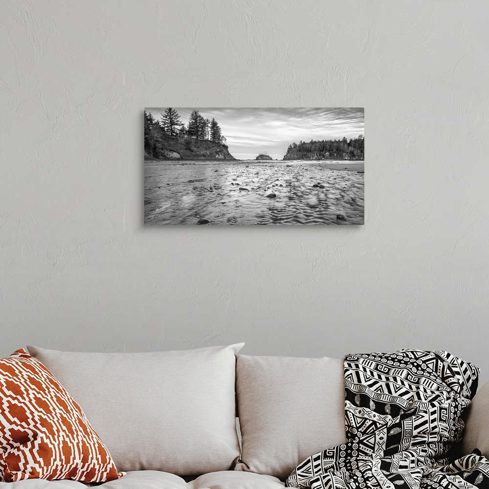 A bohemian room featuring Black and white landscape photograph at Sunset Bay State Park in Oregon.