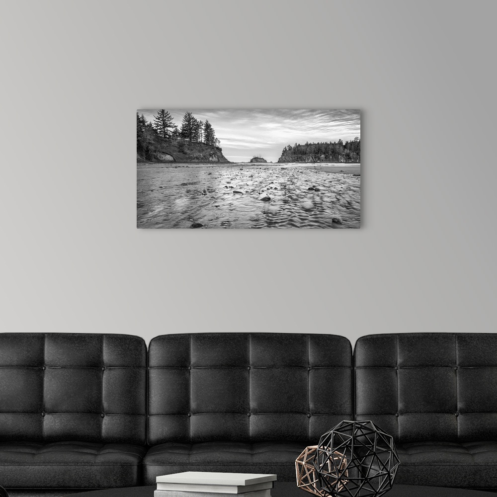 A modern room featuring Black and white landscape photograph at Sunset Bay State Park in Oregon.
