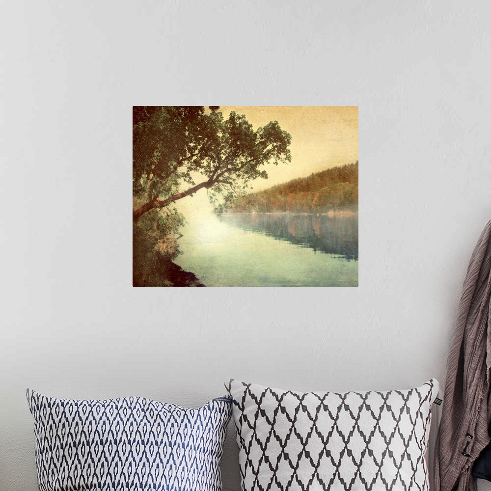 A bohemian room featuring Giant photograph displays a tree as it hangs over the quiet waters of a lake.  On the other side ...