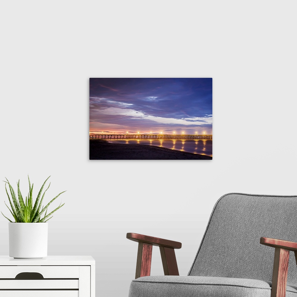 A modern room featuring Photograph of Surfside Pier lit up at sunrise, South Carolina.