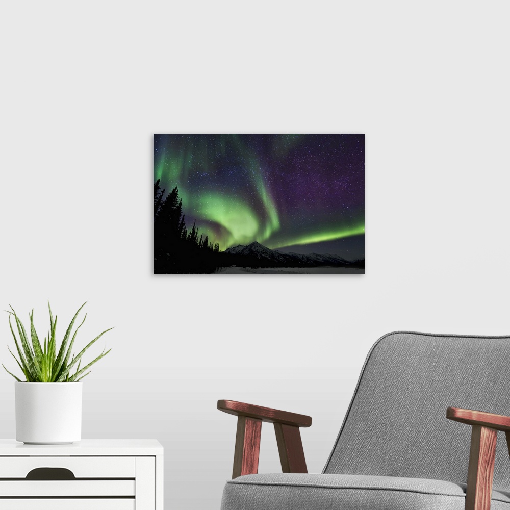 A modern room featuring Swirls and band of northern lights in the Brooks Range