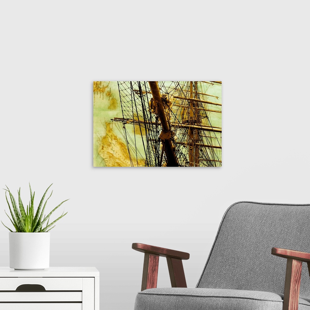 A modern room featuring Close-up photograph of a sailboat mast with golden tones and a faded map in the background.