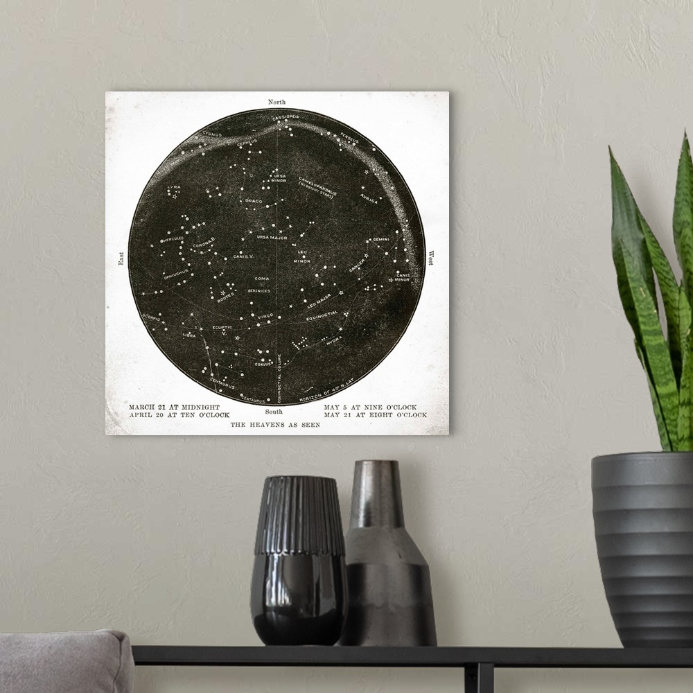 A modern room featuring Vintage artwork of a star map showing the constellations.