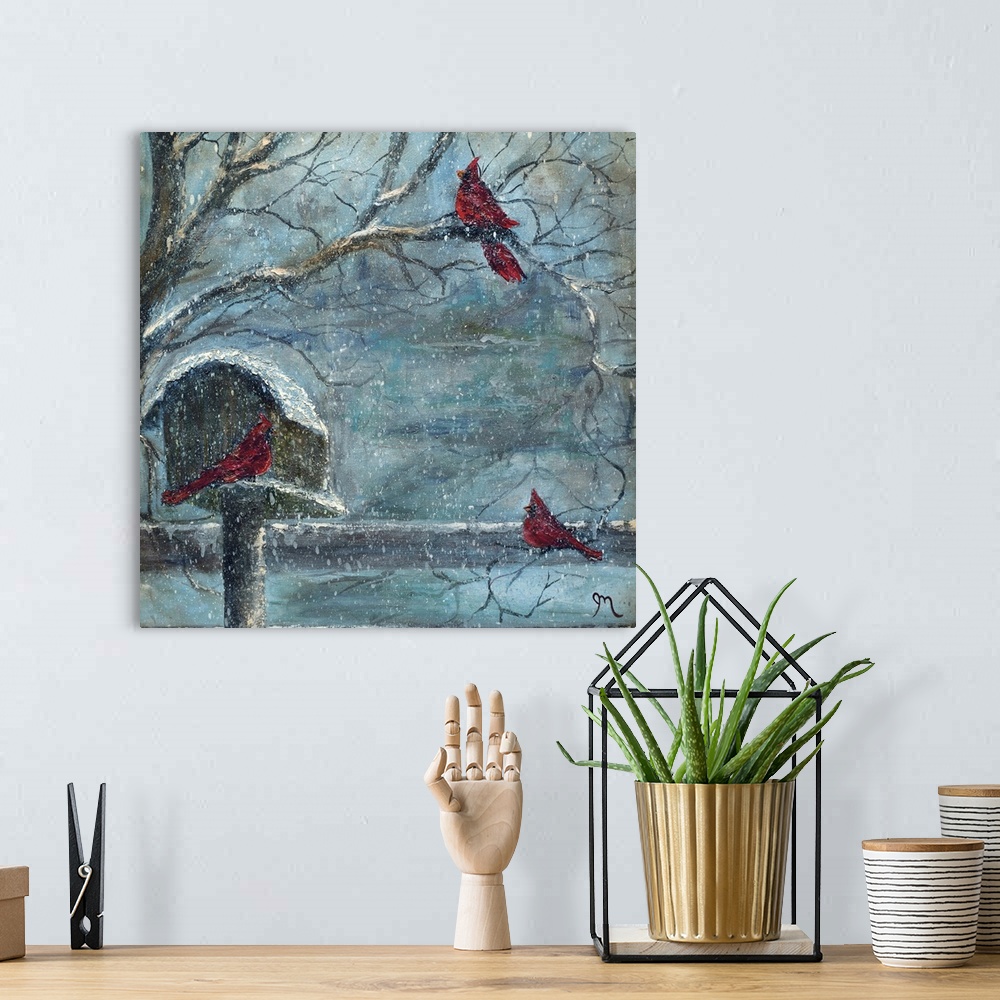 A bohemian room featuring Square painting of three cardinals outside in the snow.