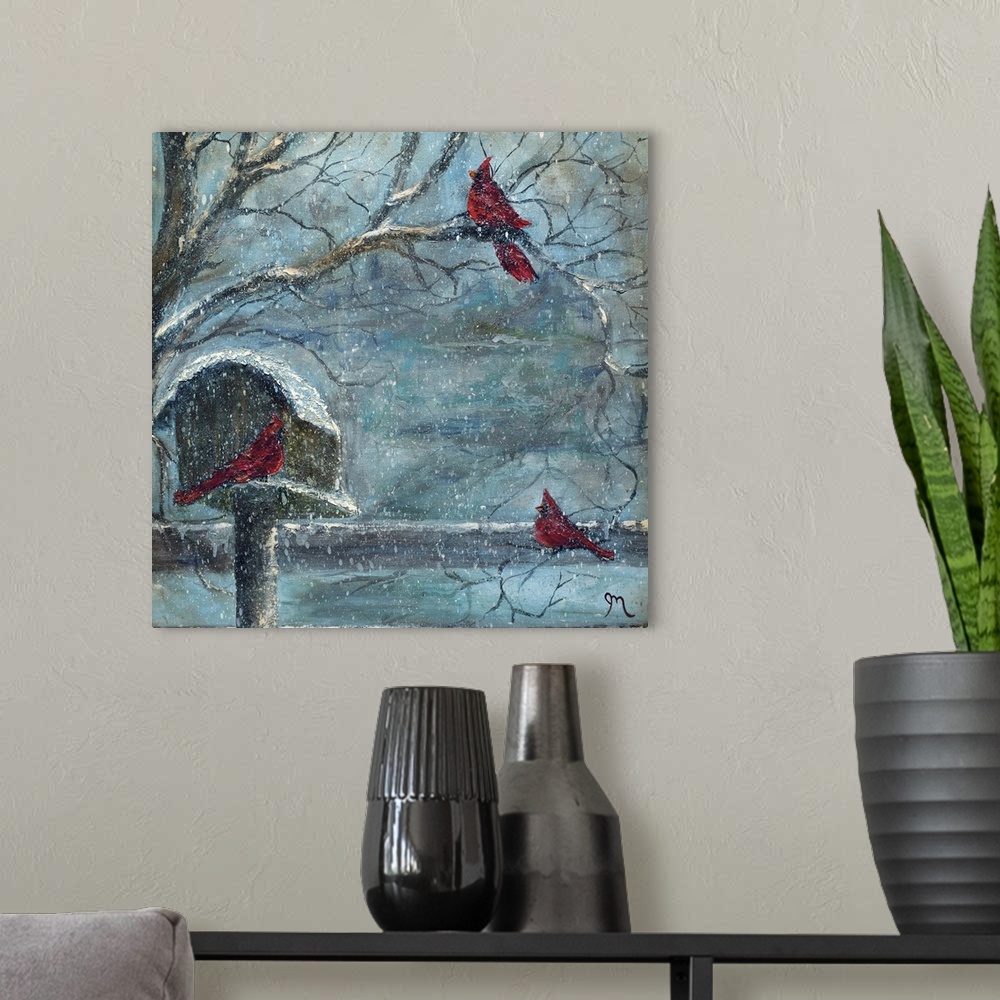 A modern room featuring Square painting of three cardinals outside in the snow.
