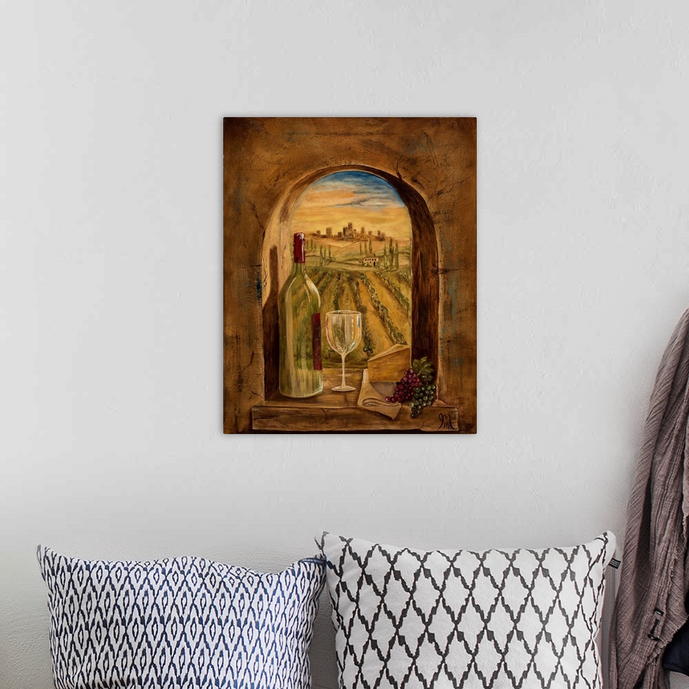 A bohemian room featuring Contemporary painting of an Italian vineyard seen through a window with a bottle of wine, cheese,...