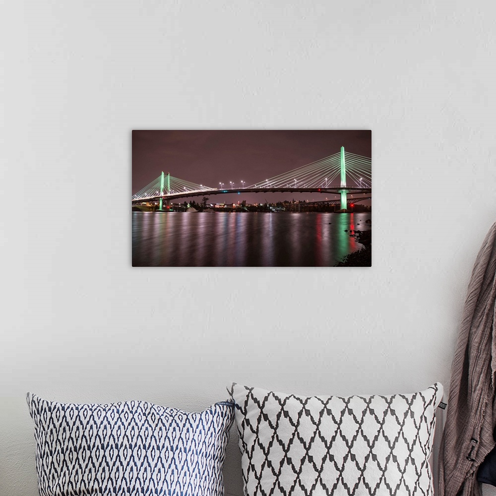 A bohemian room featuring Evening photograph of Tilikum Crossing cable bridge in Portland, Oregon.