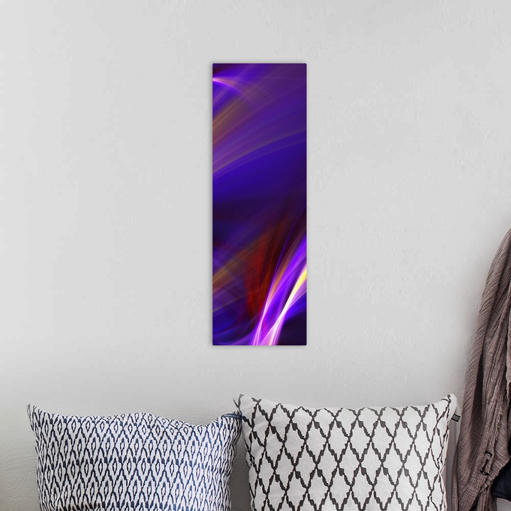 A bohemian room featuring Digital abstract artwork with neon streaks on a purple background.