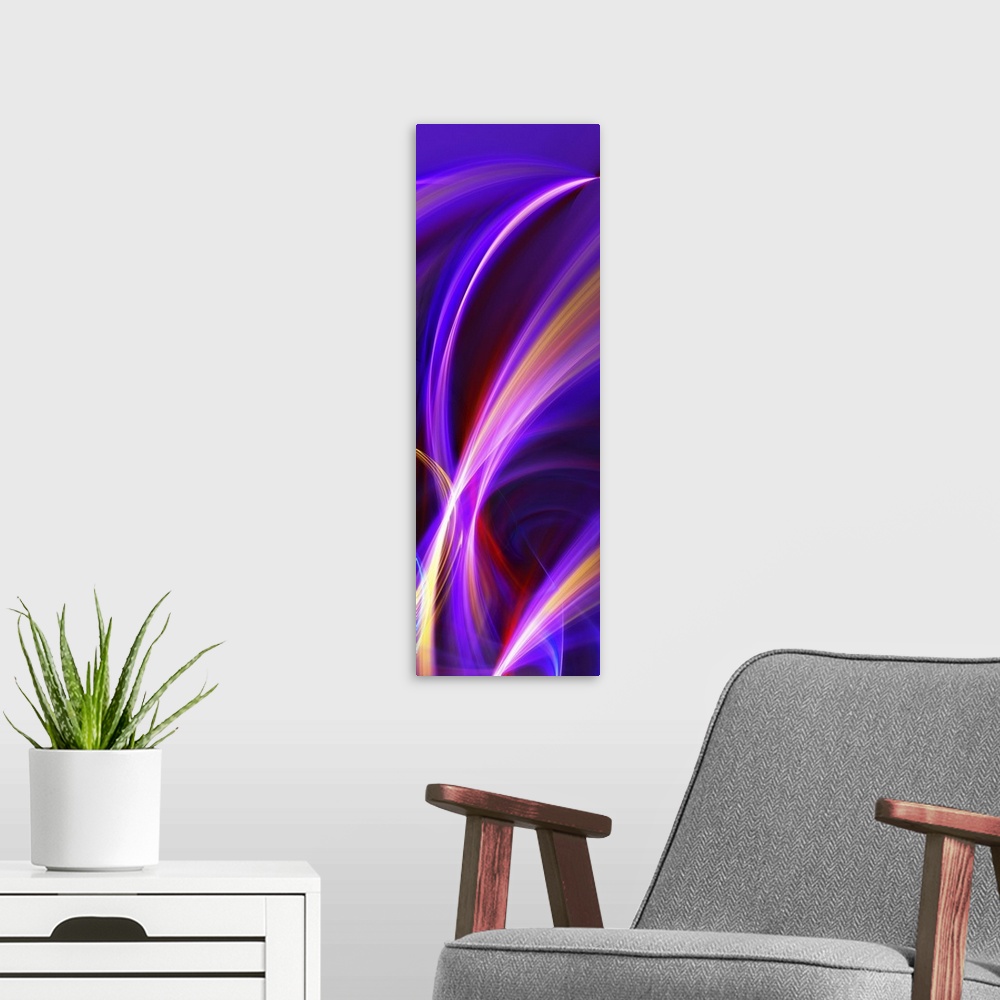 A modern room featuring Digital abstract artwork with neon streaks on a purple background.