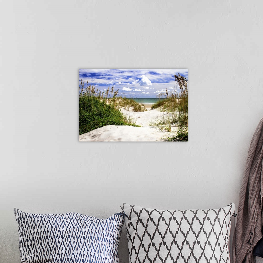 A bohemian room featuring Landscape photograph of a sandy beach shore lined with sea oats and a beautiful cloudy sky.