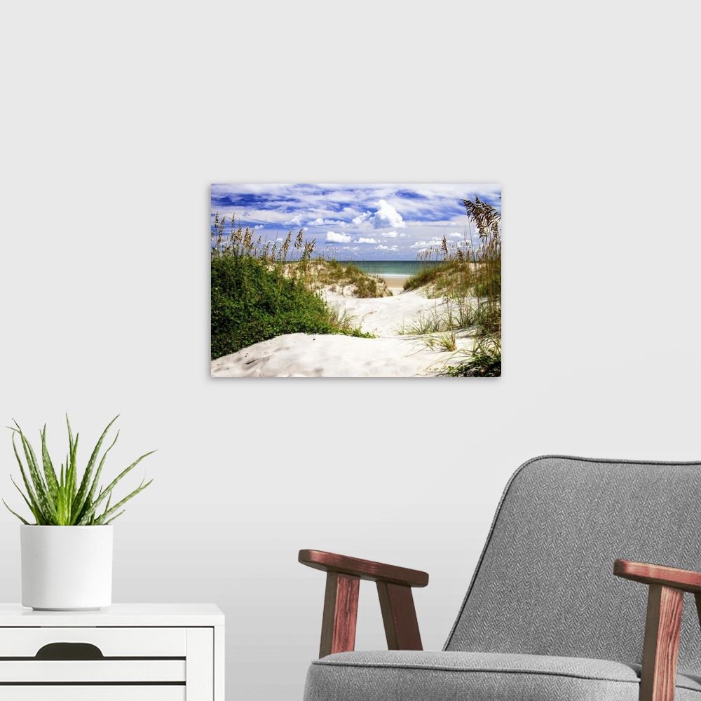 A modern room featuring Landscape photograph of a sandy beach shore lined with sea oats and a beautiful cloudy sky.