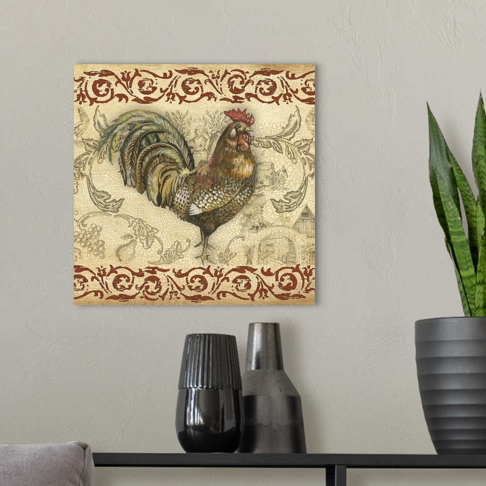 A modern room featuring Toile Rooster III