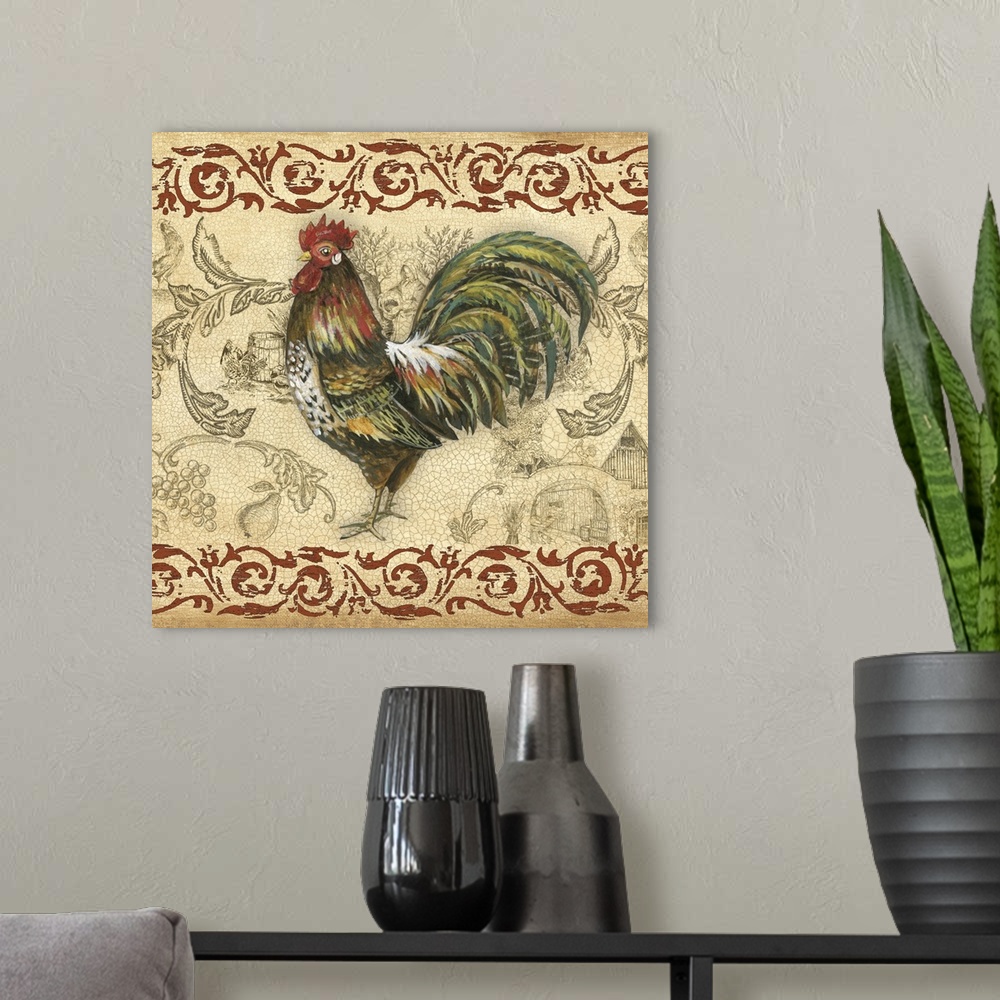 A modern room featuring Toile Rooster IV