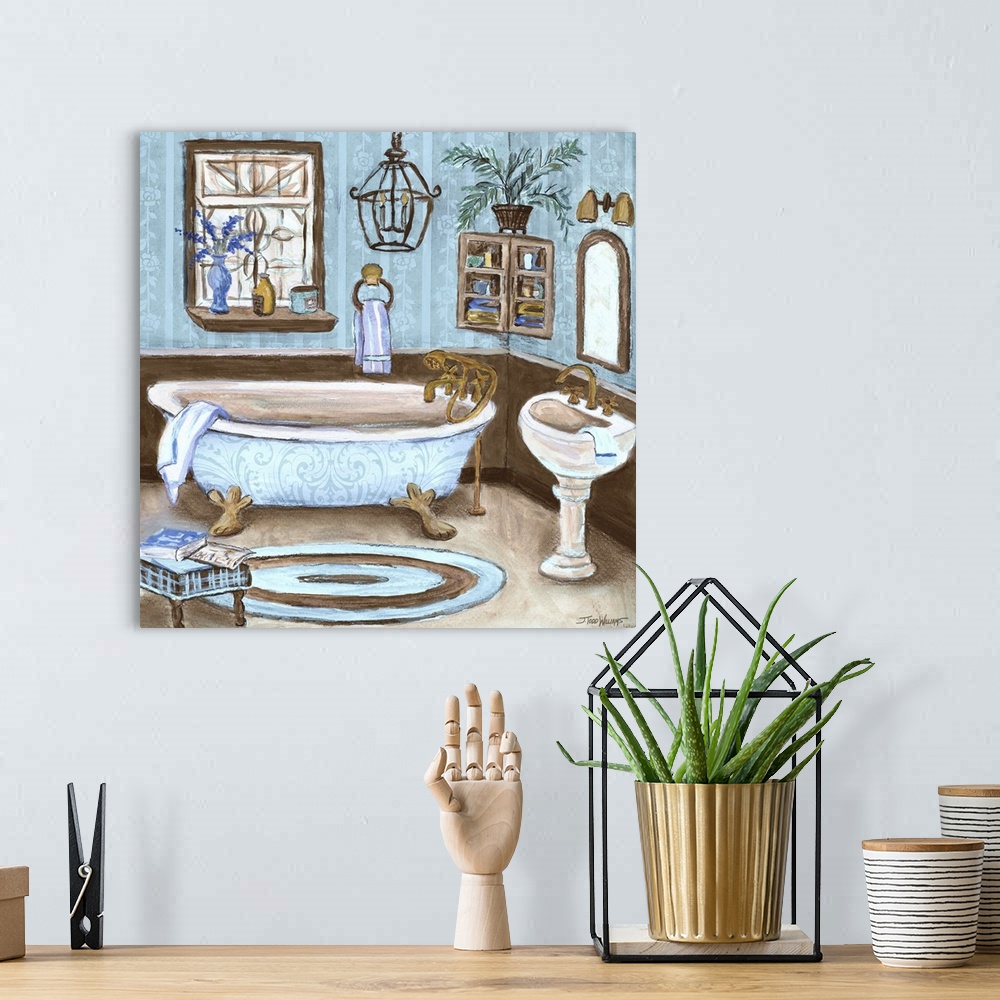 A bohemian room featuring Square light blue and brown toned bathroom decor with a painting of a tranquil bathroom setting.
