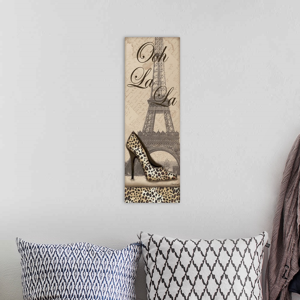A bohemian room featuring Tall and skinny decor with an illustration of the Eiffel Tower in the background and a cheetah pr...
