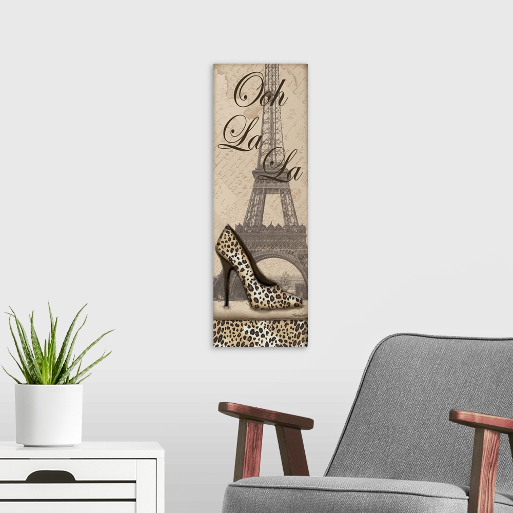 A modern room featuring Tall and skinny decor with an illustration of the Eiffel Tower in the background and a cheetah pr...