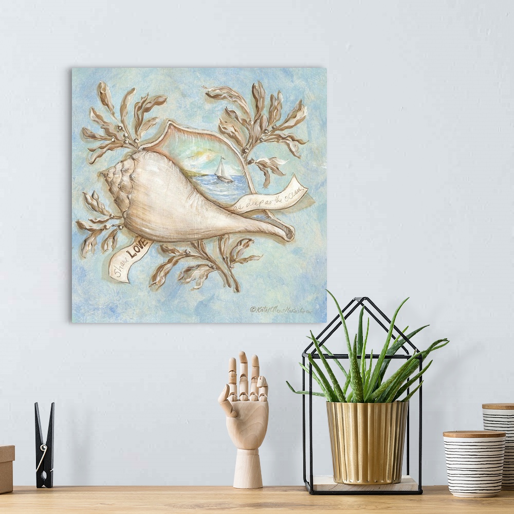 A bohemian room featuring Square painting of a conch shell with an ocean landscape and sailboat painted on it and a banner ...