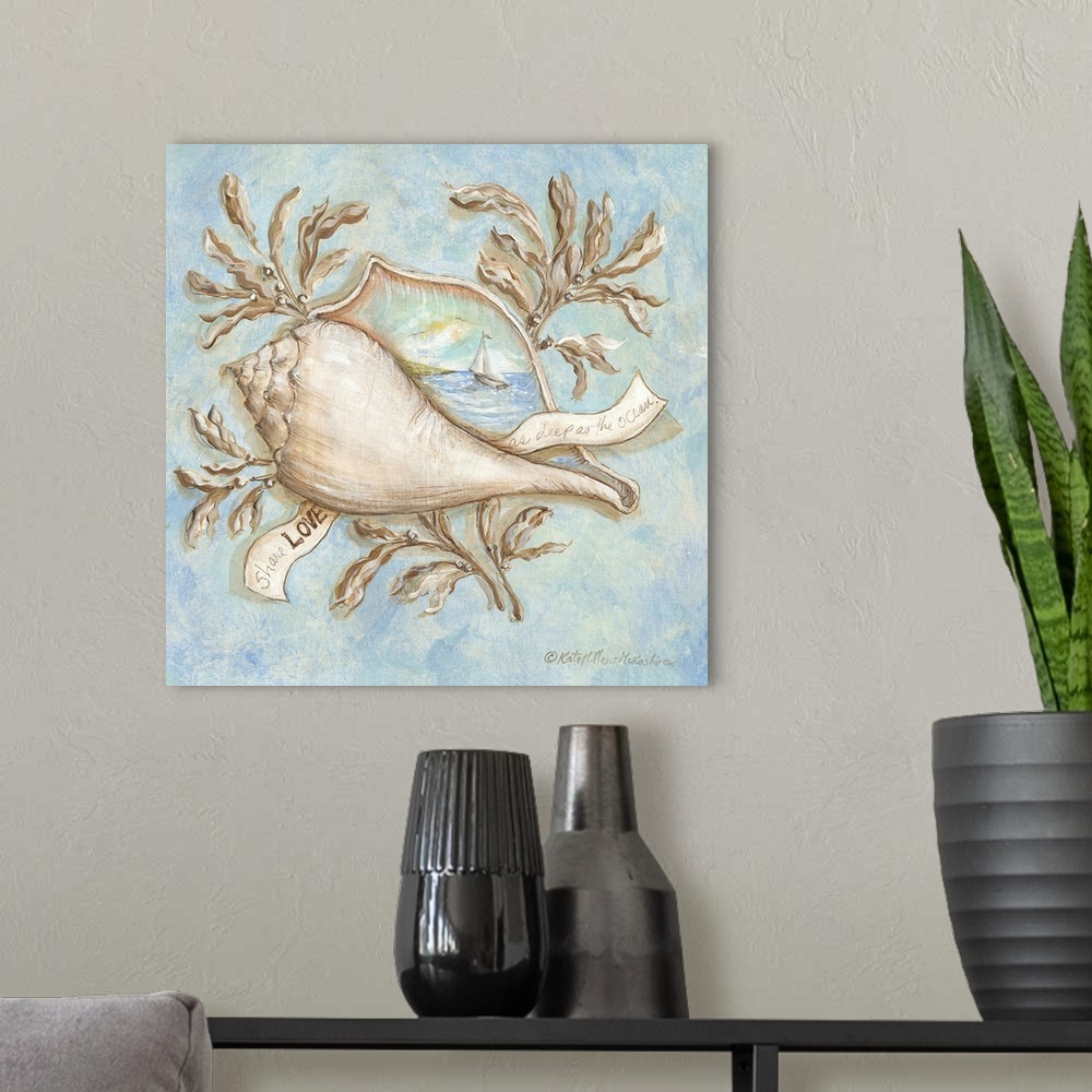 A modern room featuring Square painting of a conch shell with an ocean landscape and sailboat painted on it and a banner ...