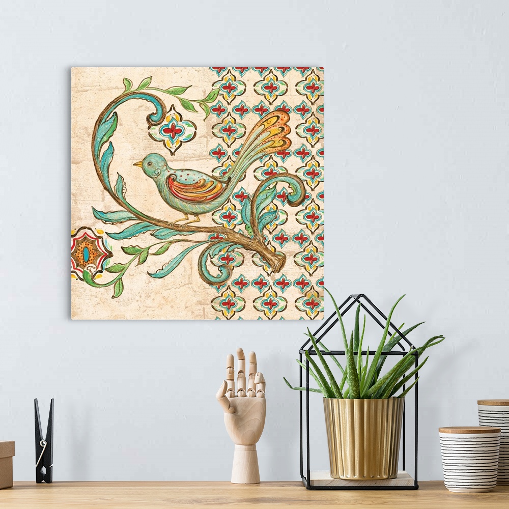 A bohemian room featuring Square painting of a colorful bird perched on a branch on a neutral colored background with red, ...