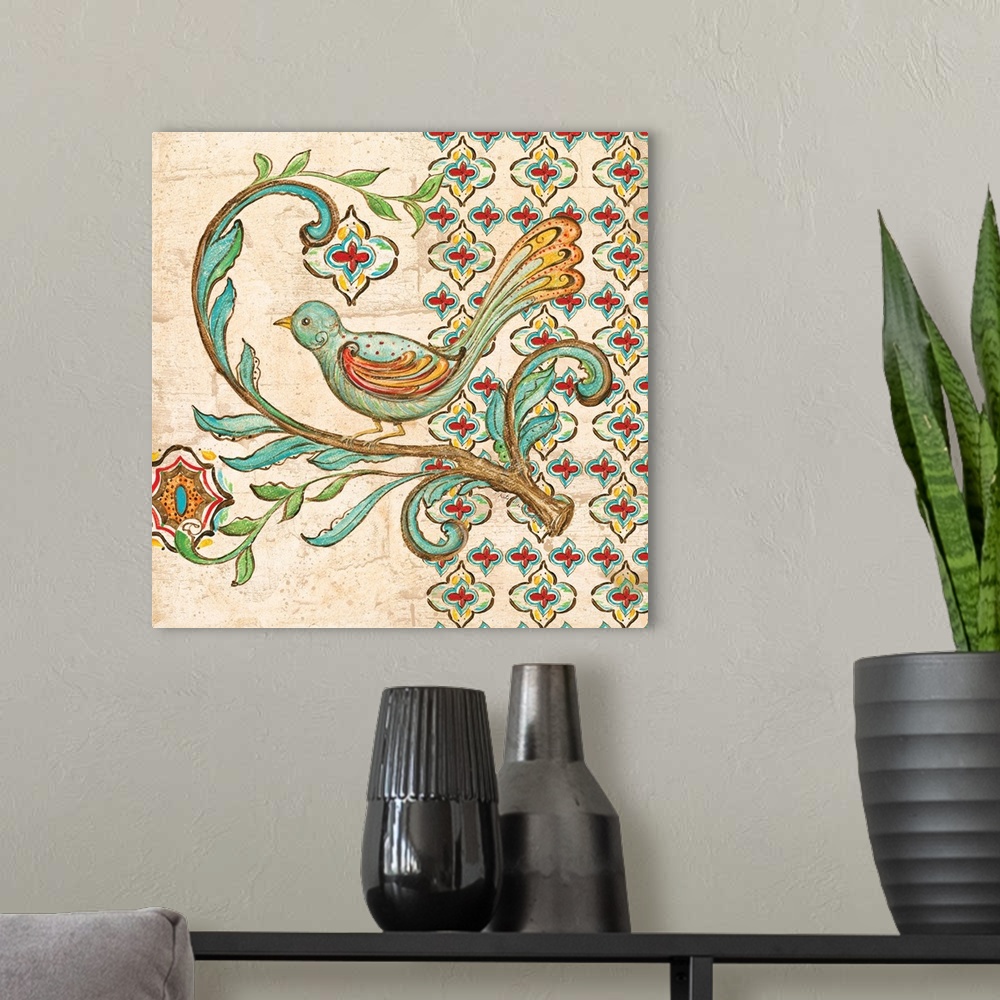 A modern room featuring Square painting of a colorful bird perched on a branch on a neutral colored background with red, ...