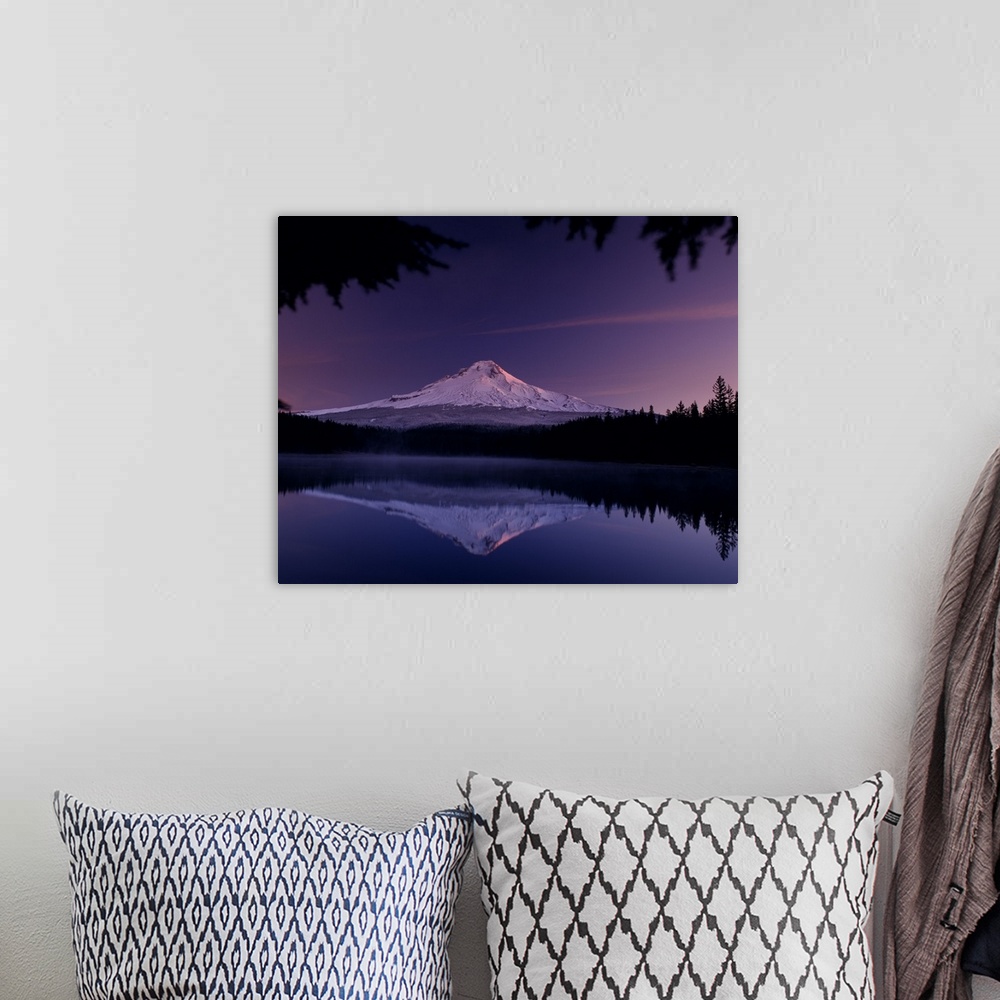 A bohemian room featuring Landscape photograph of Mount Hood reflecting onto Trillium Lake during a purple and pink sunset.